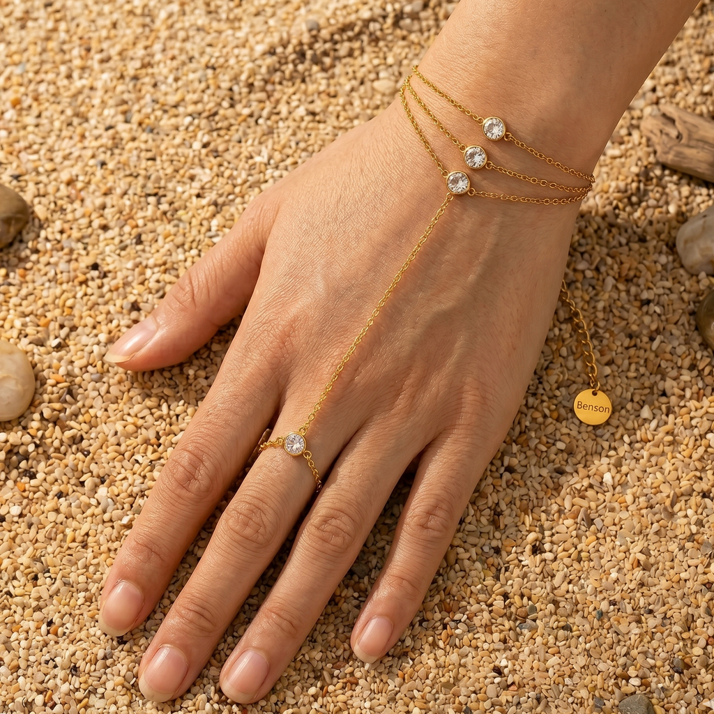 Triple-Strand Crystal Hand Chain – Golden Cascade