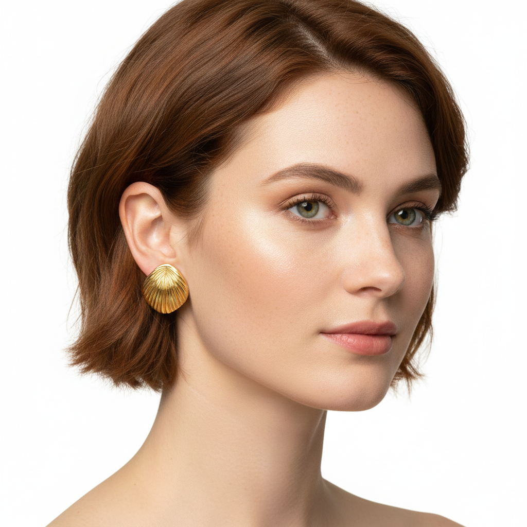 Golden Seashell Stud Earrings – Stainless Steel
