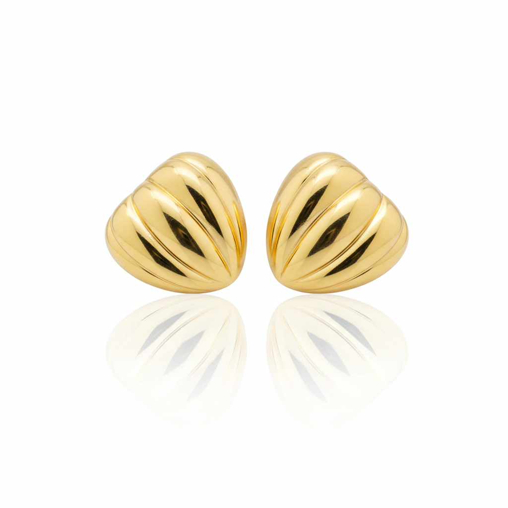 Golden Ribbed Heart Stud Earrings – Stainless Steel