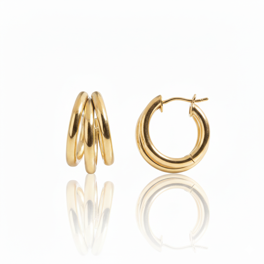 Golden Triple Hoop Stud Earrings – Stainless Steel