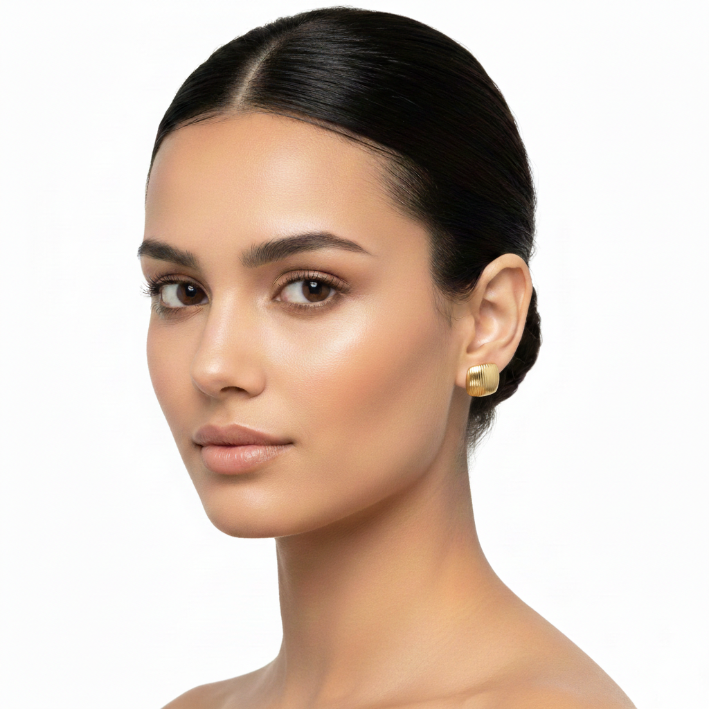 Golden Ribbed Square Stud Earrings – Stainless Steel