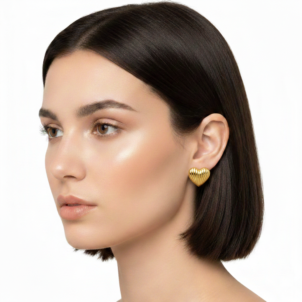 Golden Textured Heart Stud Earrings – Stainless Steel
