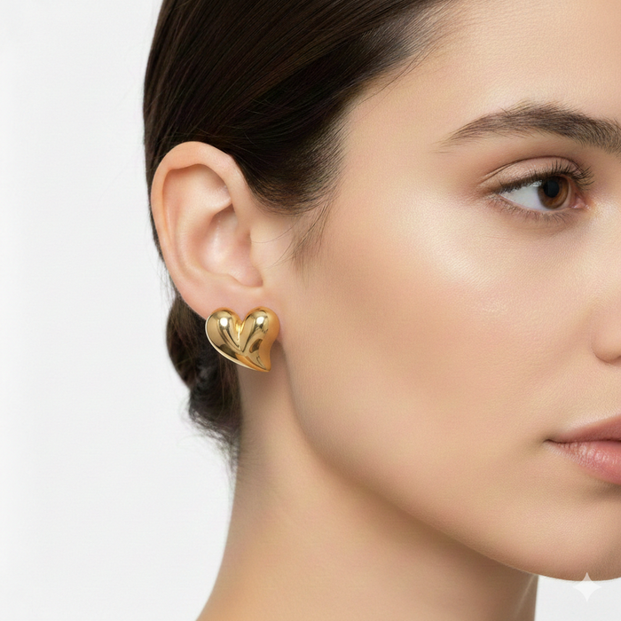 Golden Puffy Heart Stud Earrings