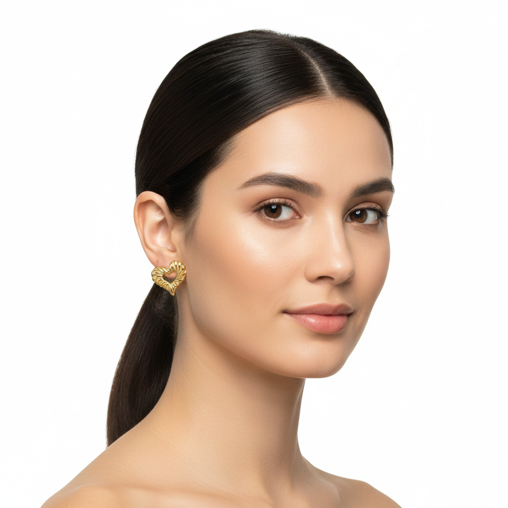 Golden Textured Heart Hoop Earrings – Stainless Steel