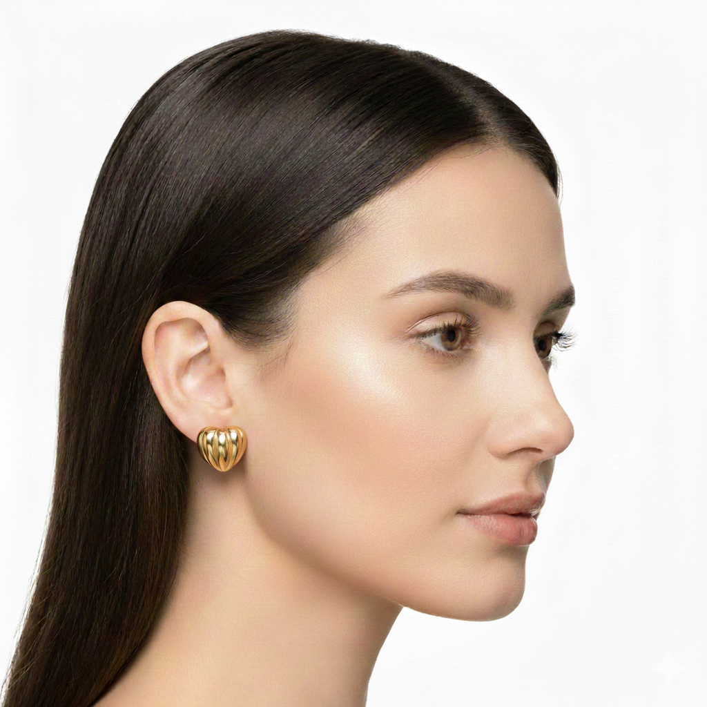 Golden Ribbed Heart Stud Earrings – Stainless Steel
