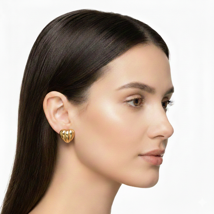 Golden Ribbed Heart Stud Earrings