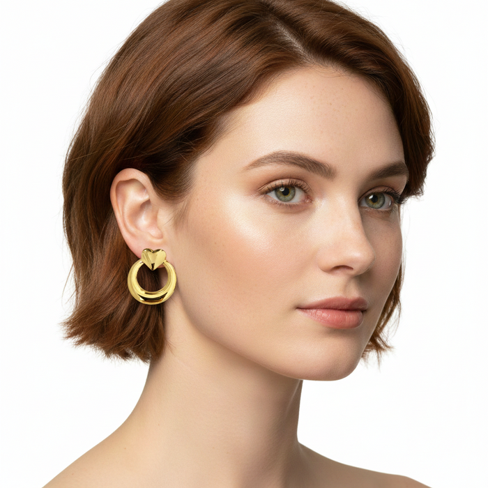 Golden Heart Hoop Drop Earrings