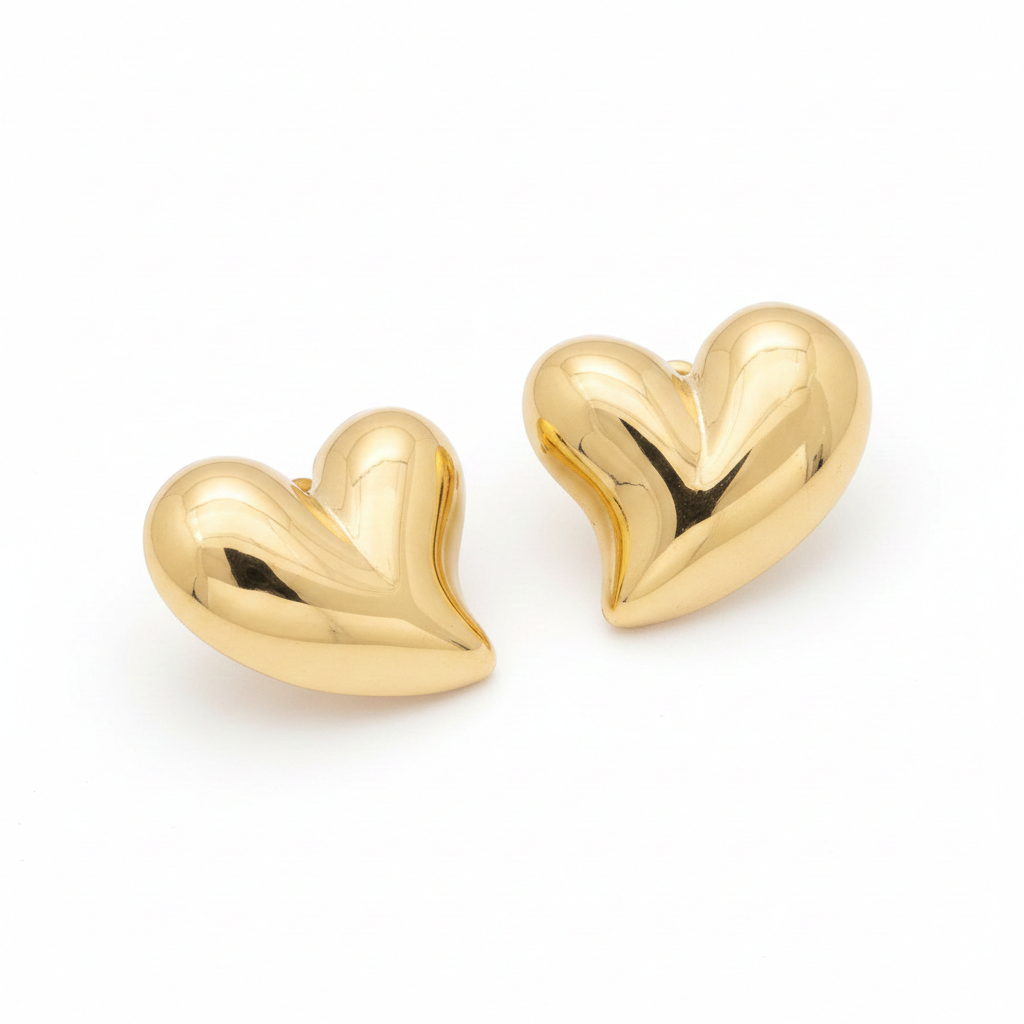 Golden Puffy Heart Stud Earrings – Stainless Steel