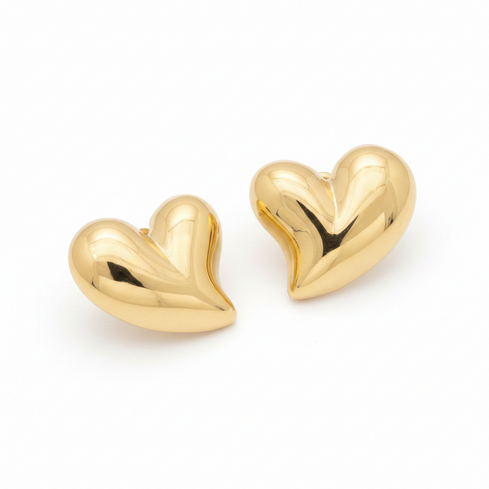 Golden Puffy Heart Stud Earrings