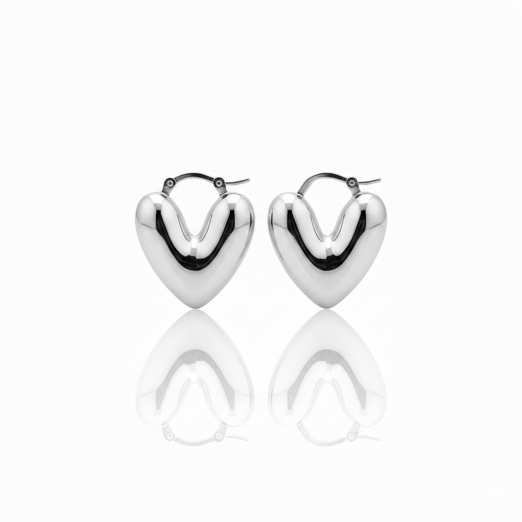 Silver Puffy Heart Hoop Earrings – Stainless Steel
