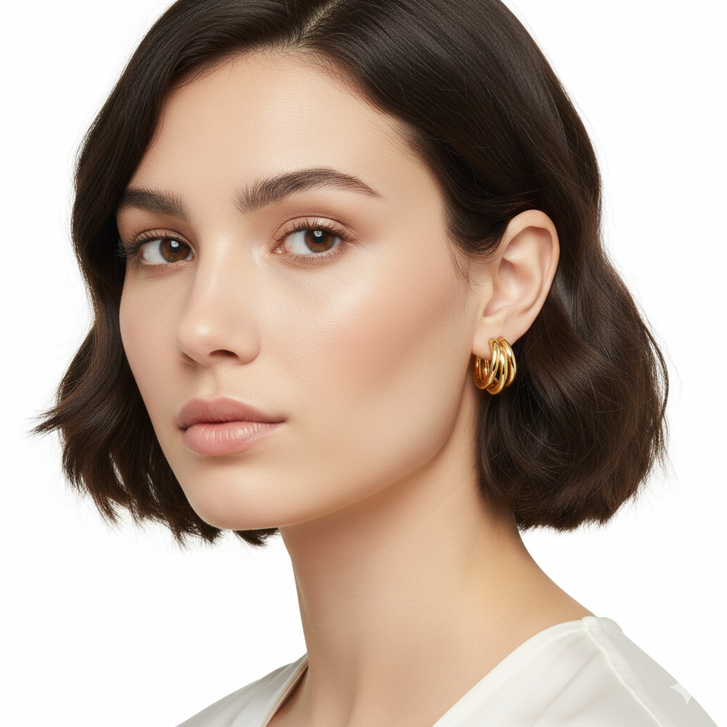 Golden Triple Hoop Stud Earrings – Stainless Steel