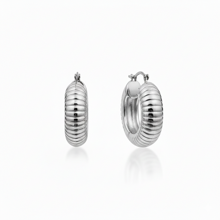 Ribbed Silver Hoop Earrings