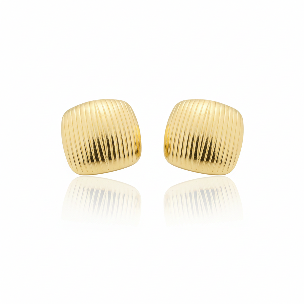 Golden Ribbed Square Stud Earrings – Stainless Steel