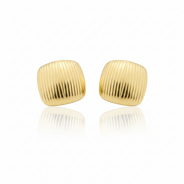 Golden Ribbed Square Stud Earrings – Stainless Steel
