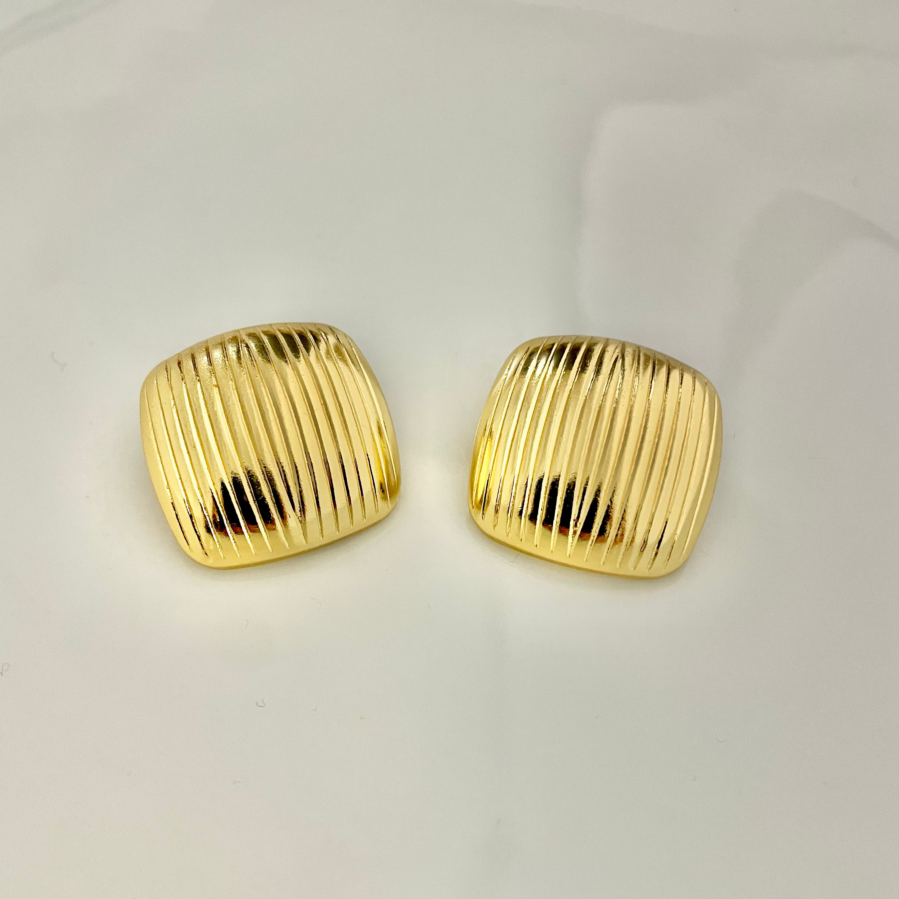 Golden Ribbed Square Stud Earrings – Stainless Steel
