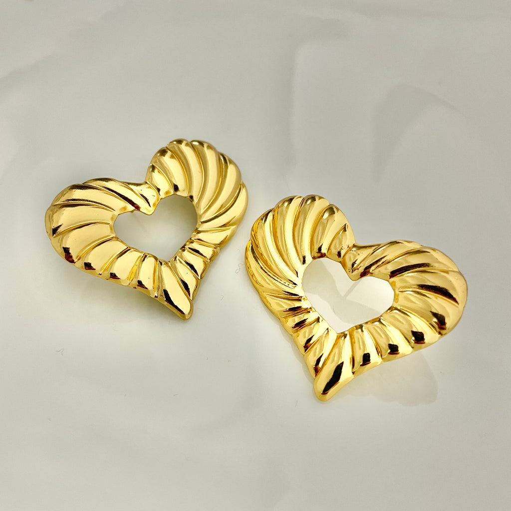 Golden Textured Heart Hoop Earrings – Stainless Steel