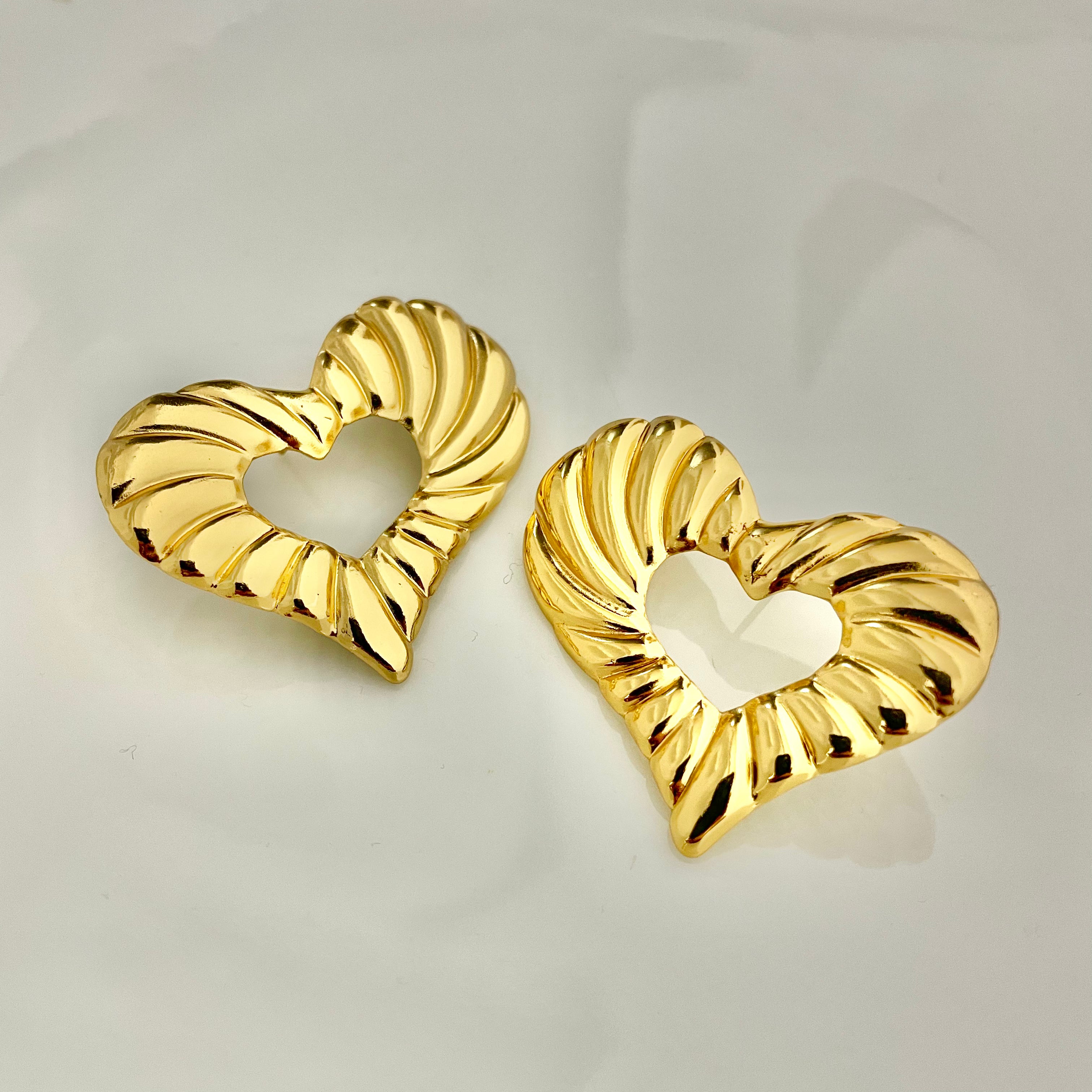 Golden Textured Heart Hoop Earrings – Stainless Steel