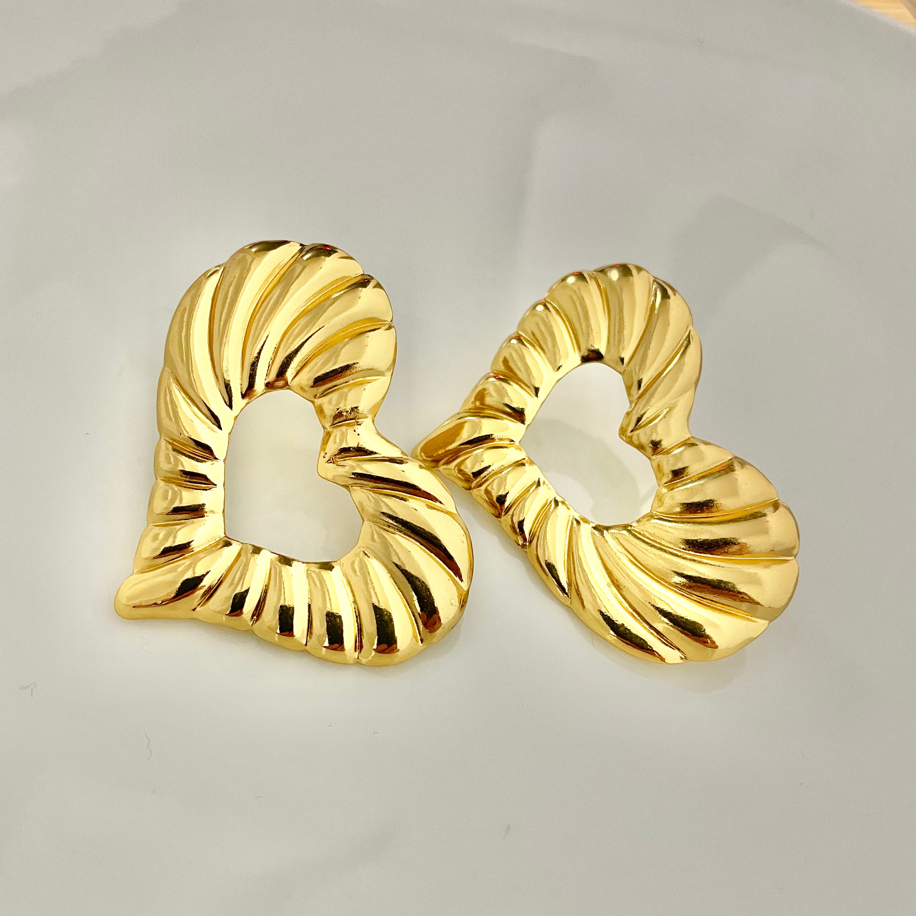 Golden Textured Heart Hoop Earrings – Stainless Steel