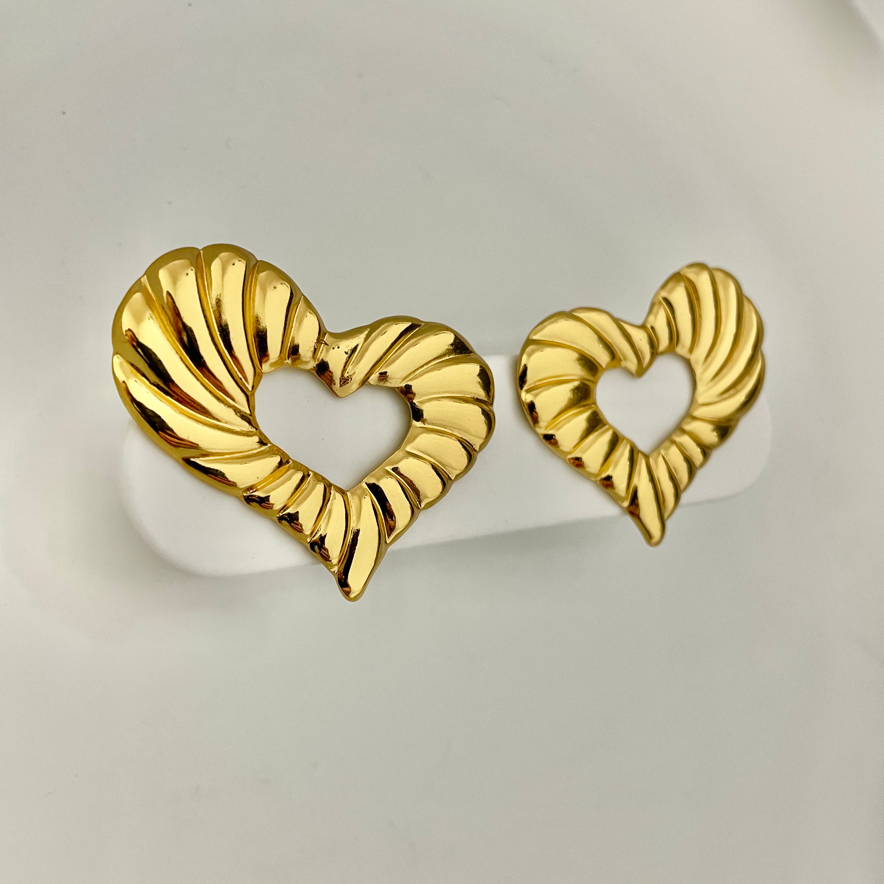 Golden Textured Heart Hoop Earrings – Stainless Steel