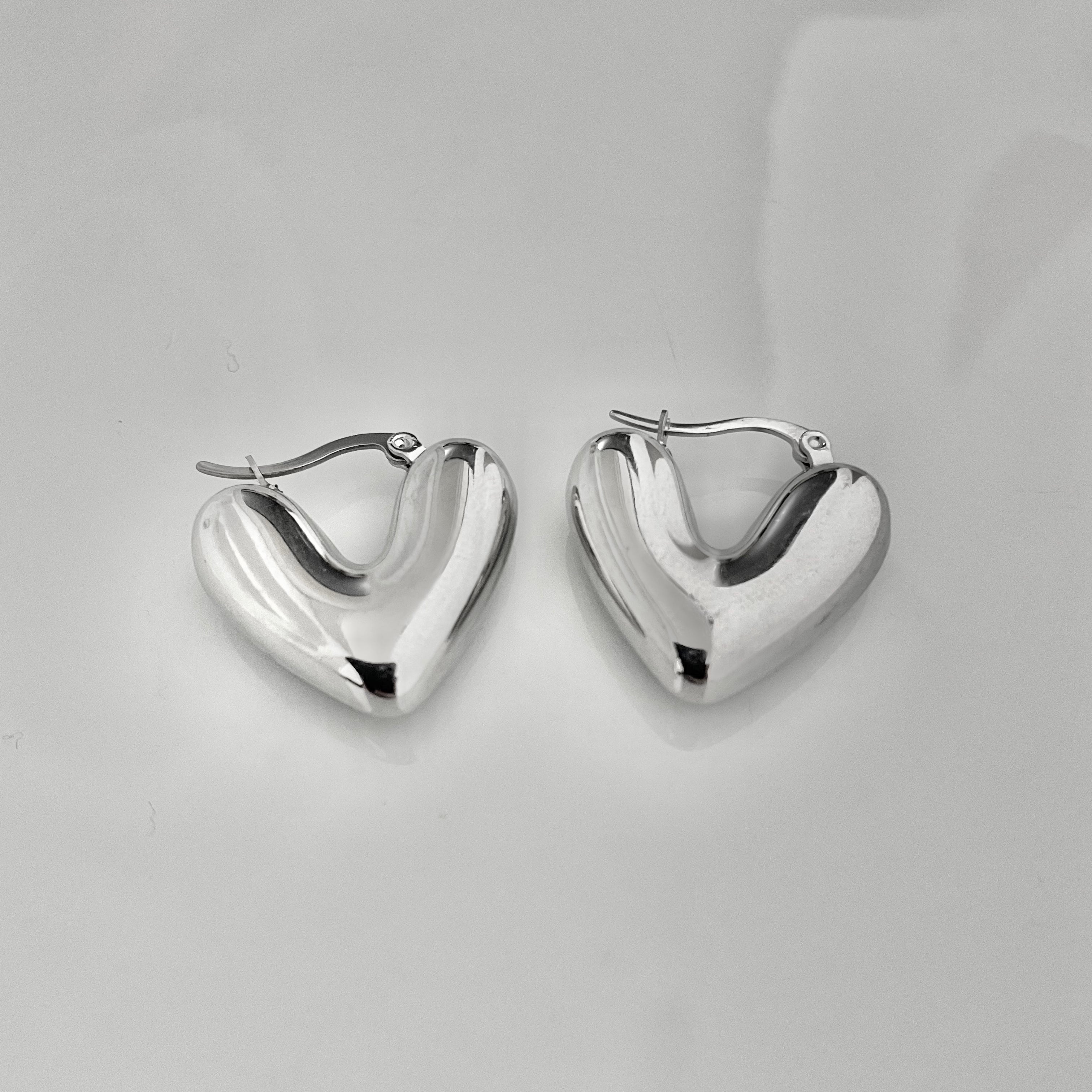 Silver Puffy Heart Hoop Earrings – Stainless Steel