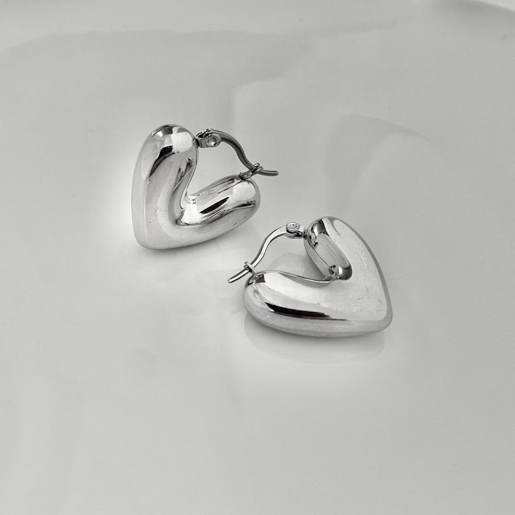 Silver Puffy Heart Hoop Earrings – Stainless Steel