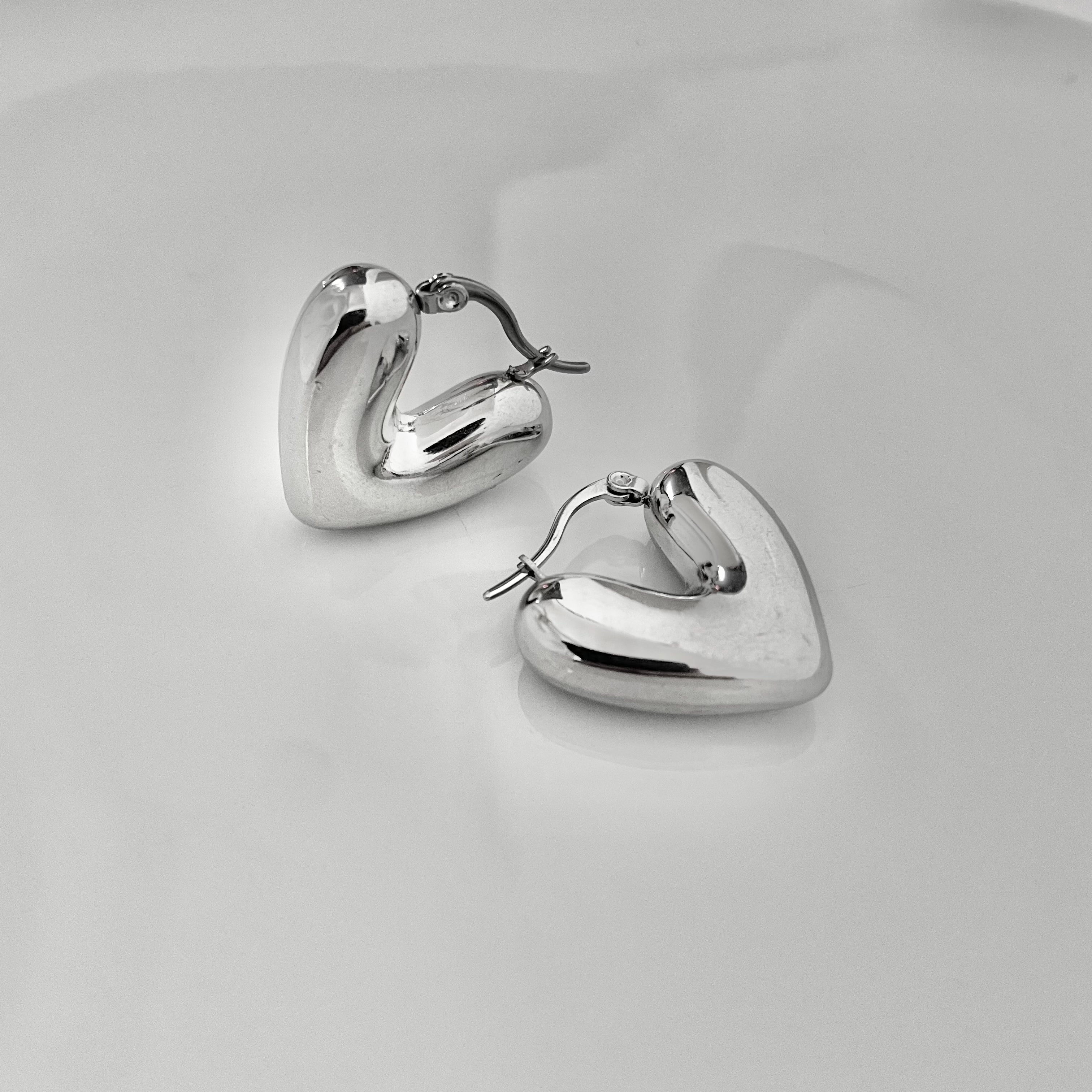 Silver Puffy Heart Hoop Earrings – Stainless Steel
