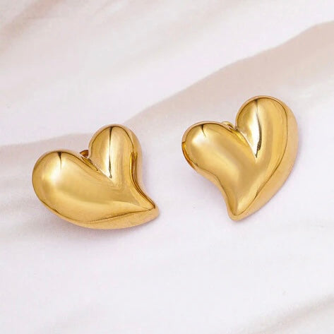 Golden Puffy Heart Stud Earrings – Stainless Steel