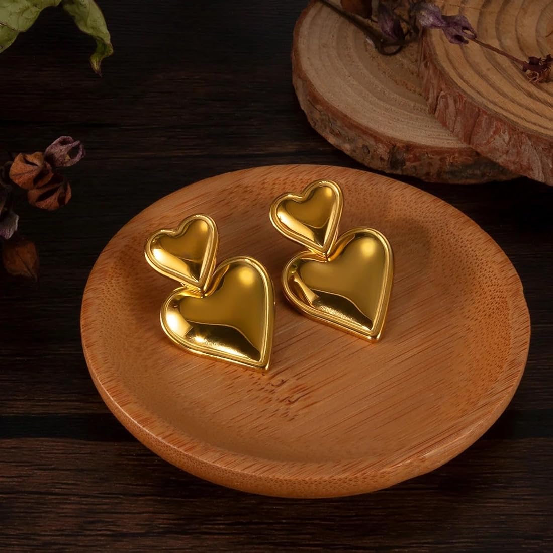 Golden Double Heart Drop Earrings – Stainless Steel