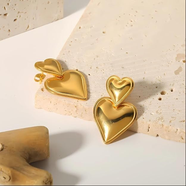 Golden Double Heart Drop Earrings – Stainless Steel