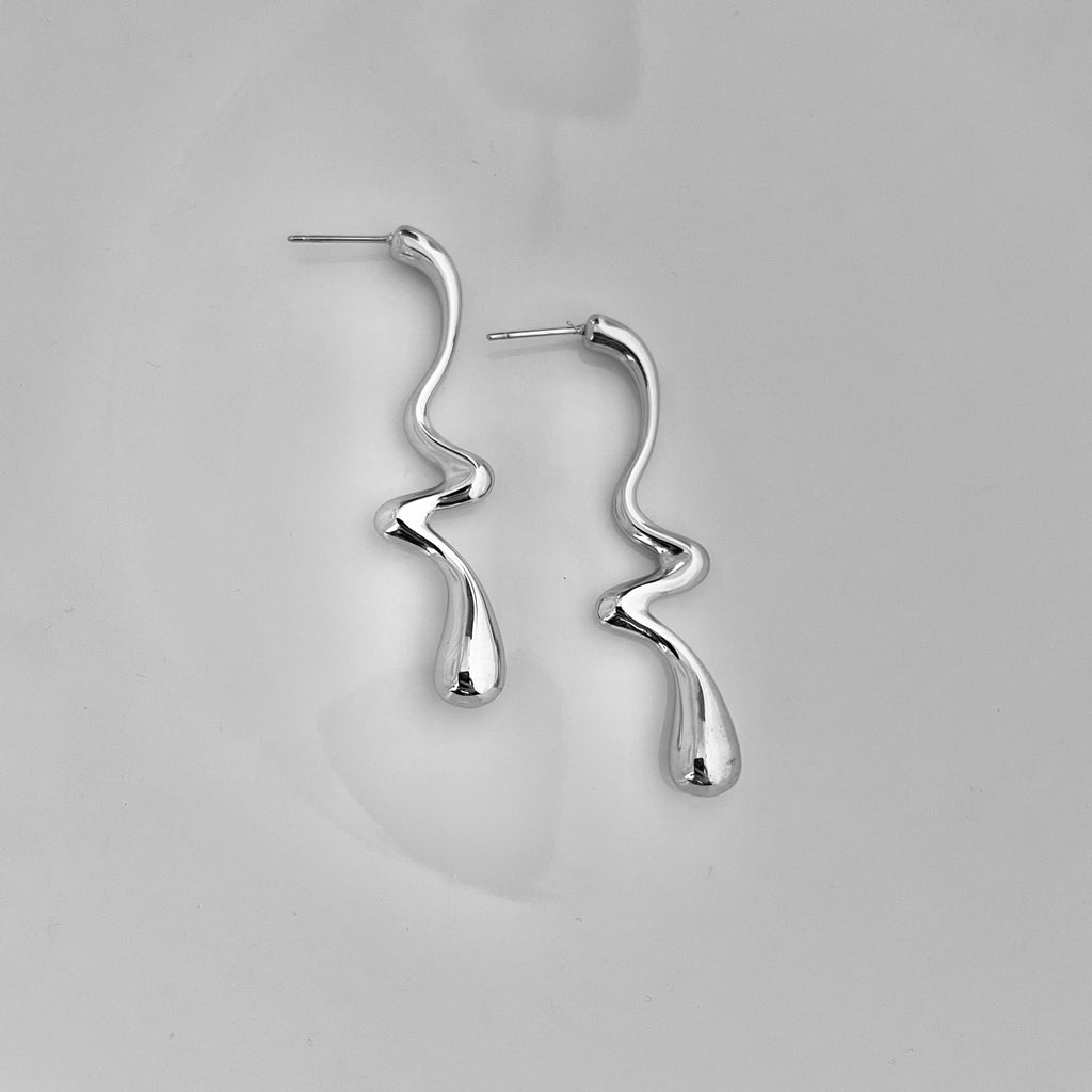 Silver Abstract Wave Drop Earrings – Stainless Steel