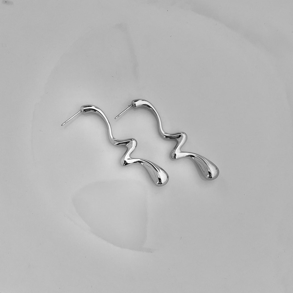 Silver Abstract Wave Drop Earrings – Stainless Steel