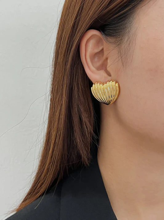 Golden Textured Heart Stud Earrings – Stainless Steel