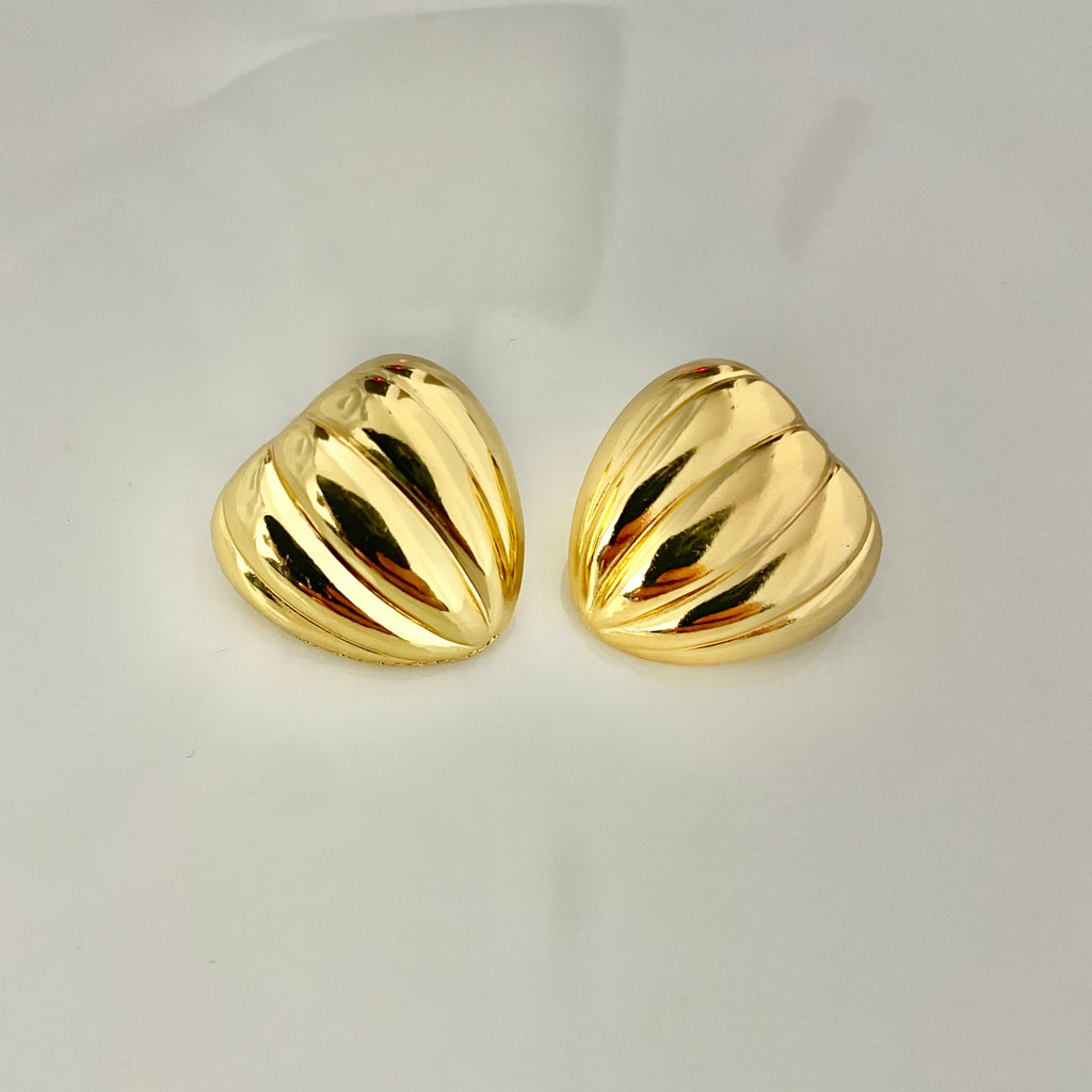 Golden Ribbed Heart Stud Earrings – Stainless Steel