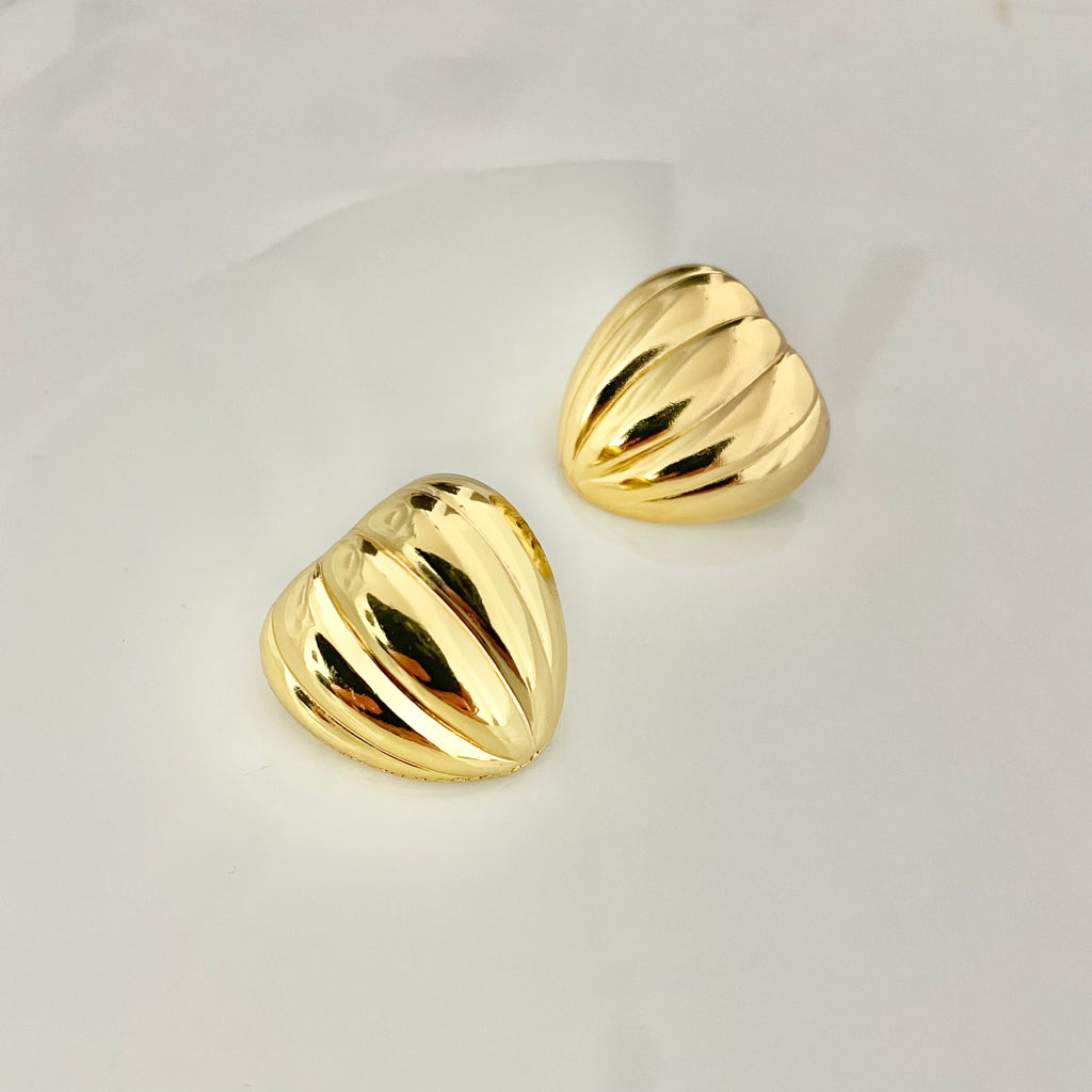 Golden Ribbed Heart Stud Earrings – Stainless Steel