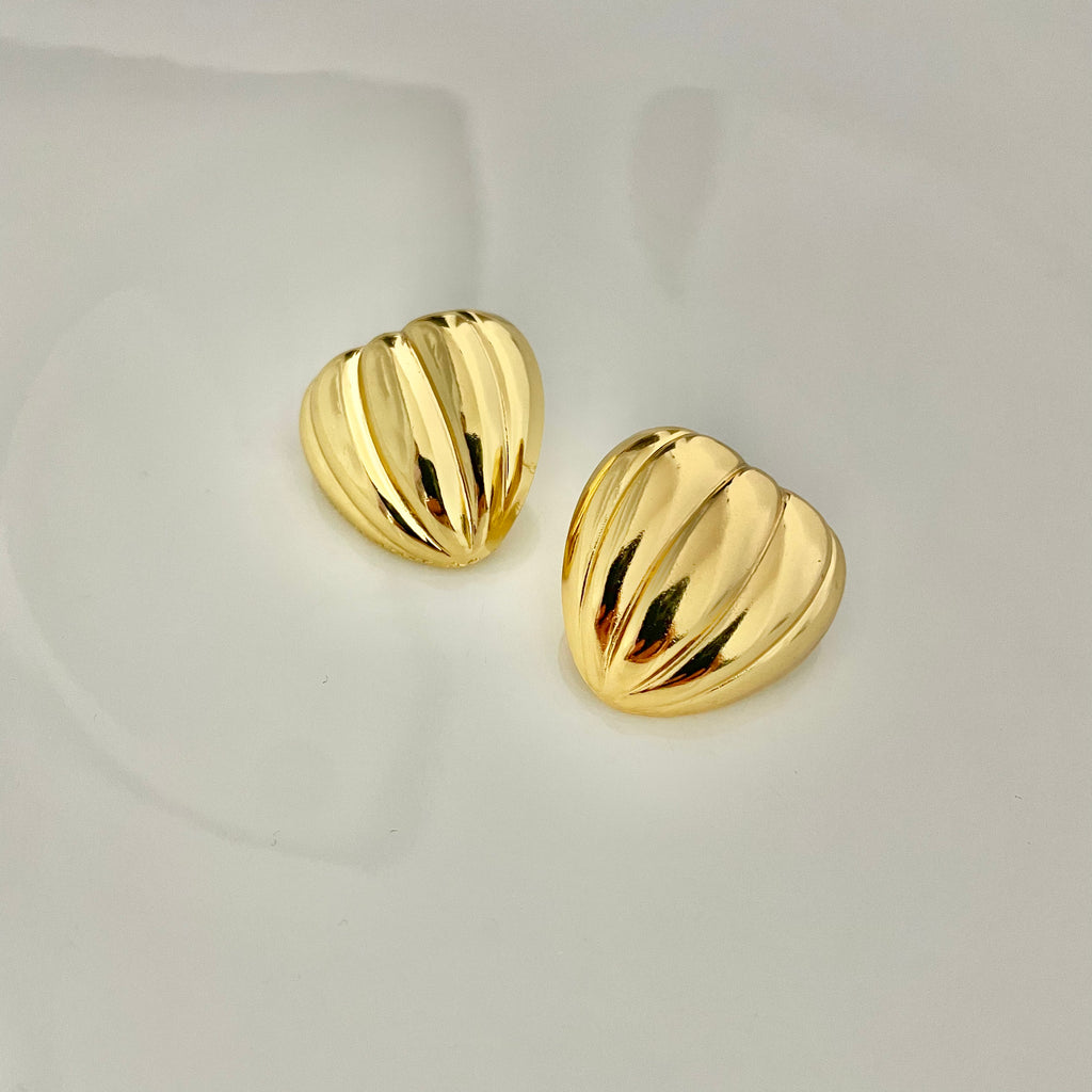 Golden Ribbed Heart Stud Earrings – Stainless Steel