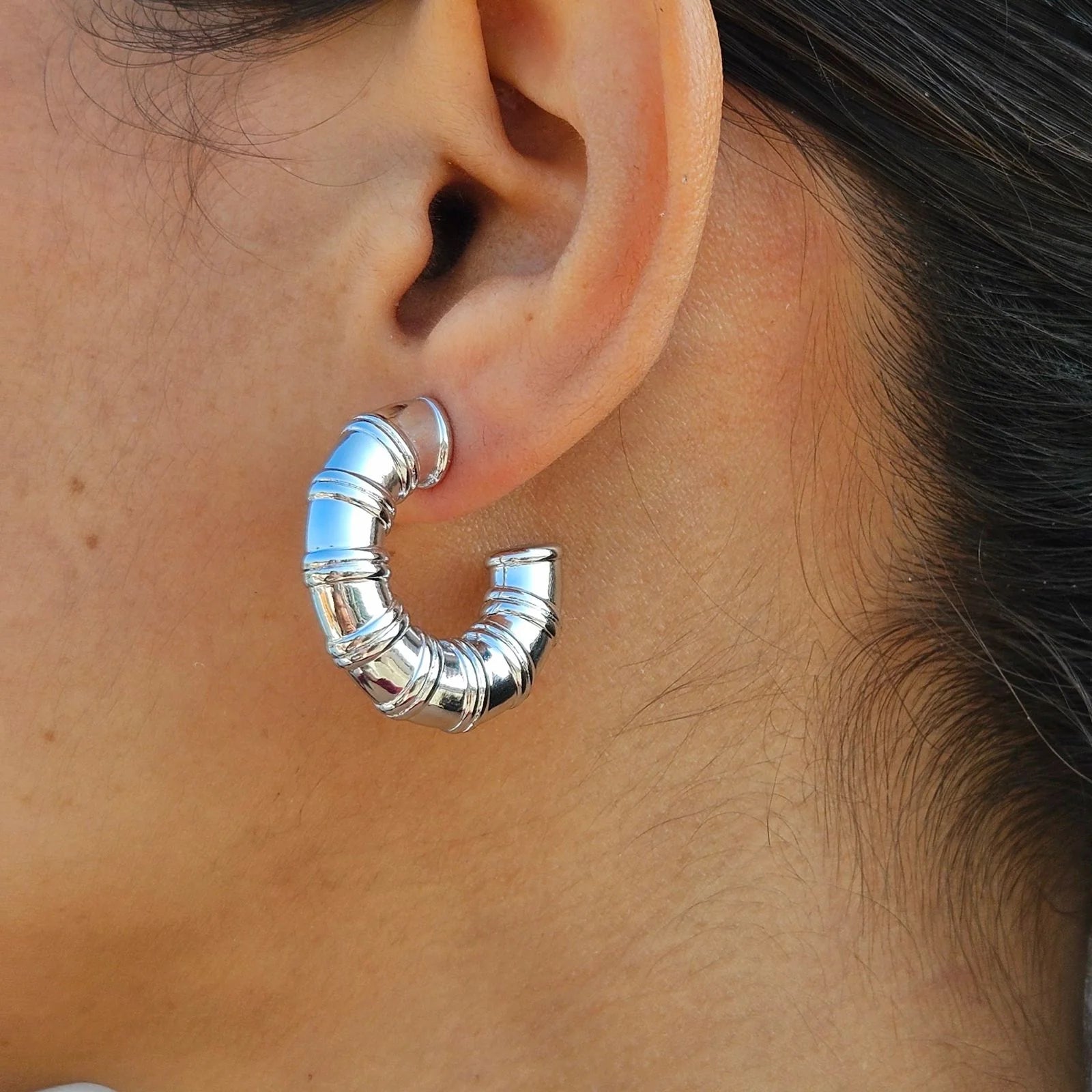 Chunky Silver Bamboo Hoop Earrings – Bold &amp; Unique