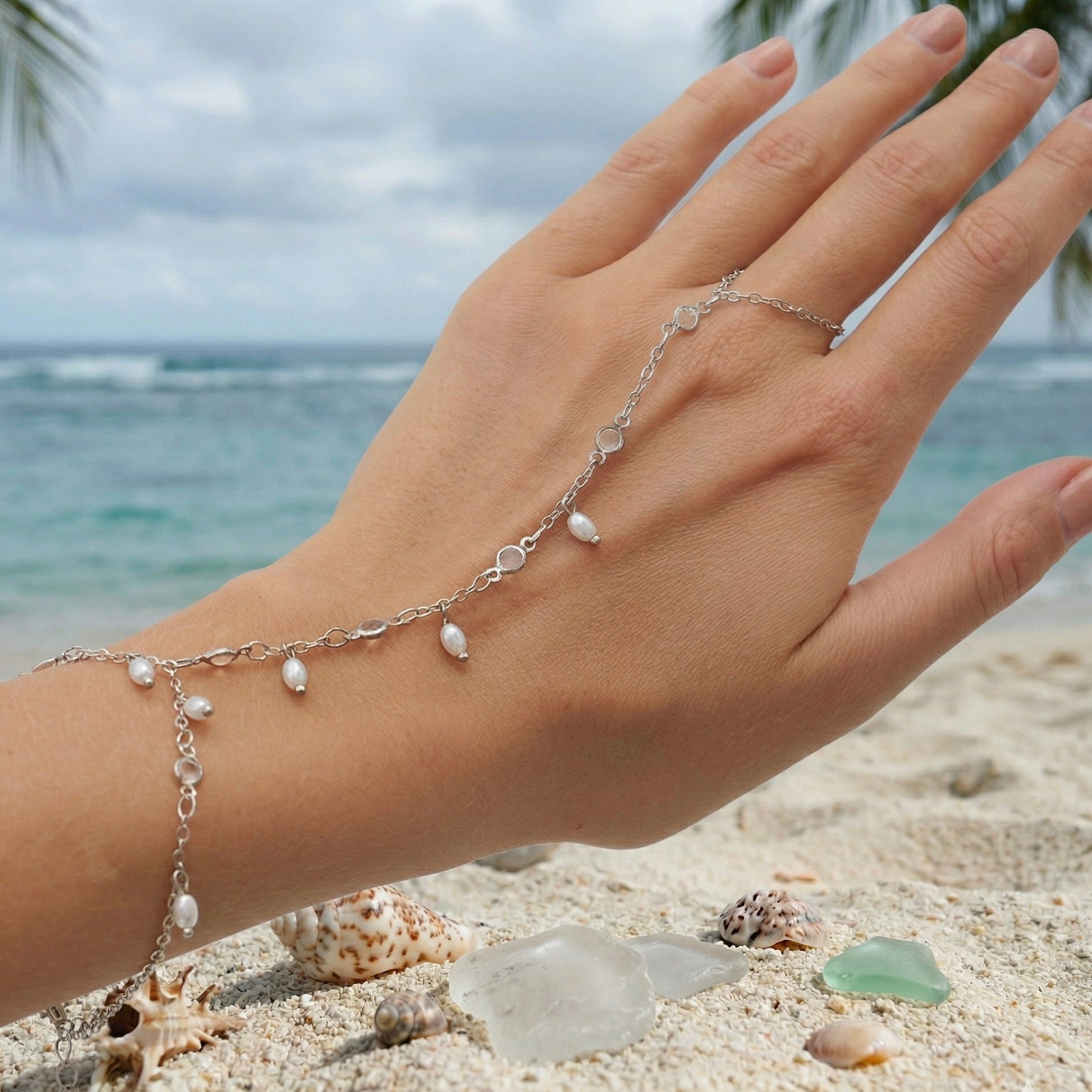 Silver Pearl Vine Hand Chain – Moonlit Whispers