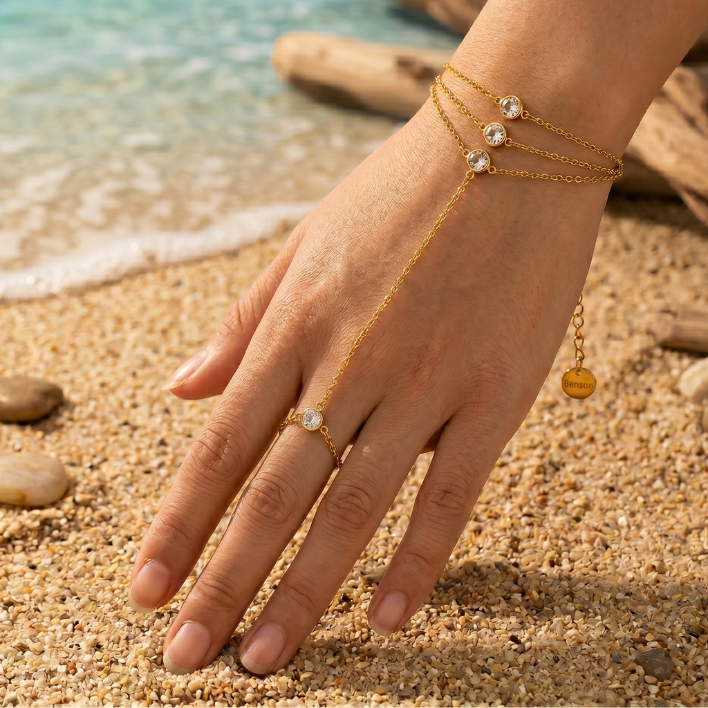 Triple-Strand Crystal Hand Chain – Golden Cascade