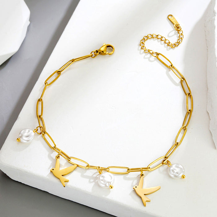 Pearl & Swallow Paperclip Anklet