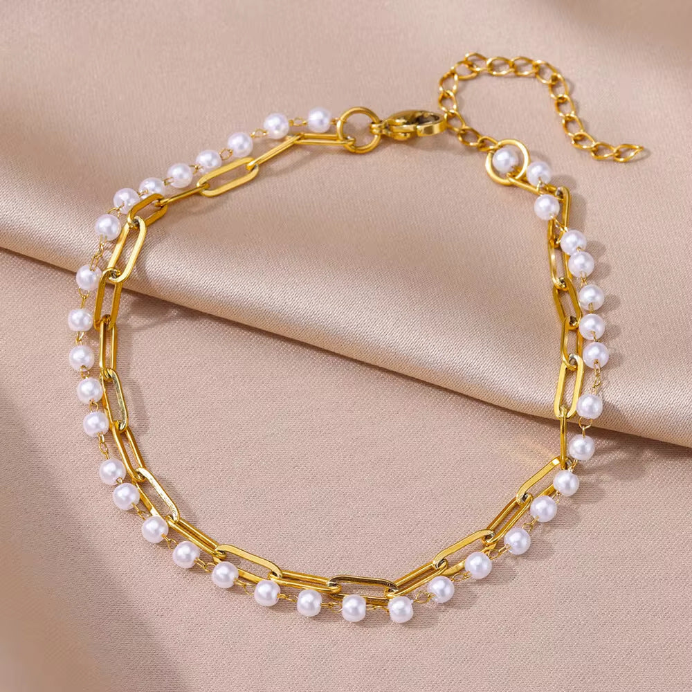 Layered Paperclip &amp; Pearl Anklet – Seaside Chic
