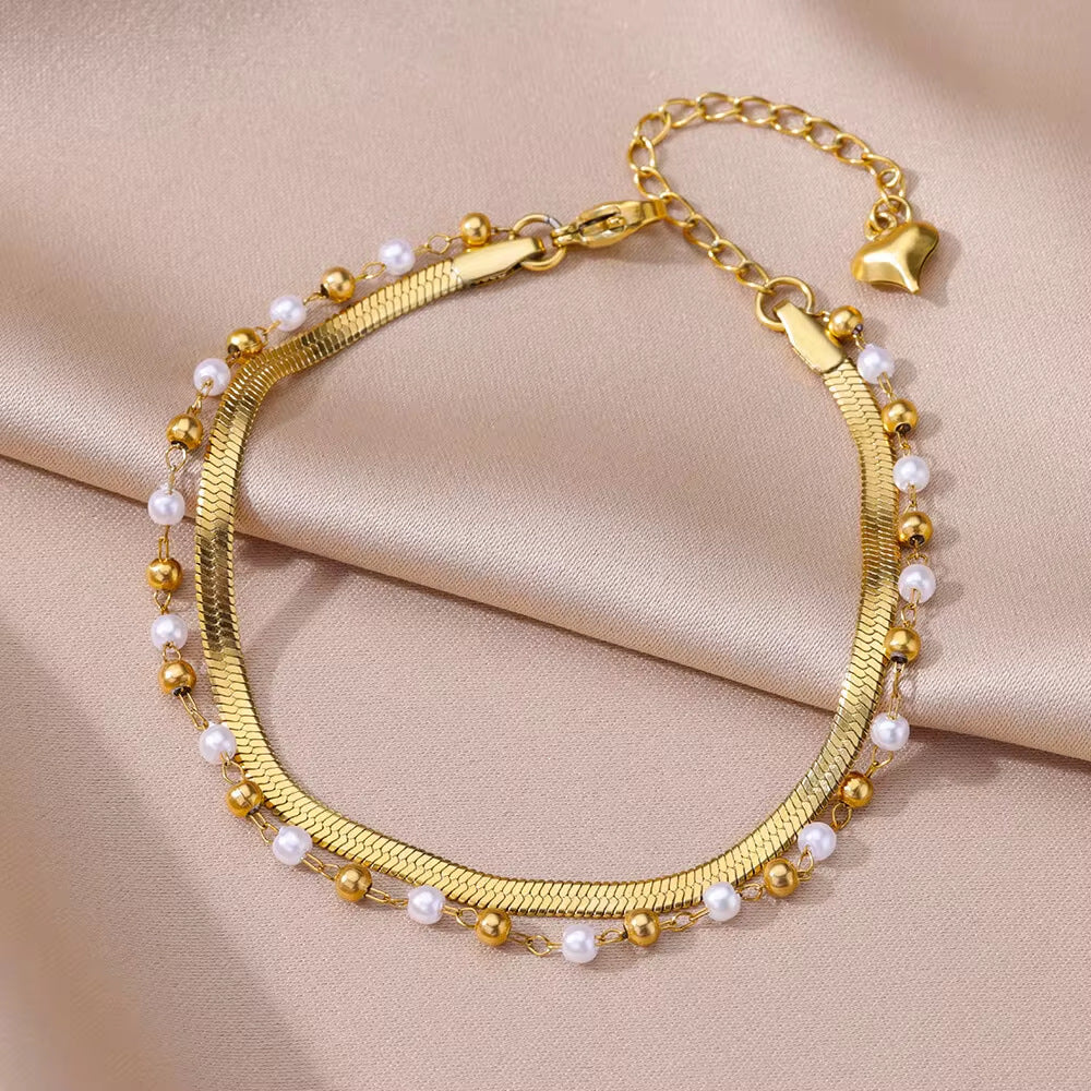 Layered Herringbone &amp; Pearl Anklet – Riviera Radiance