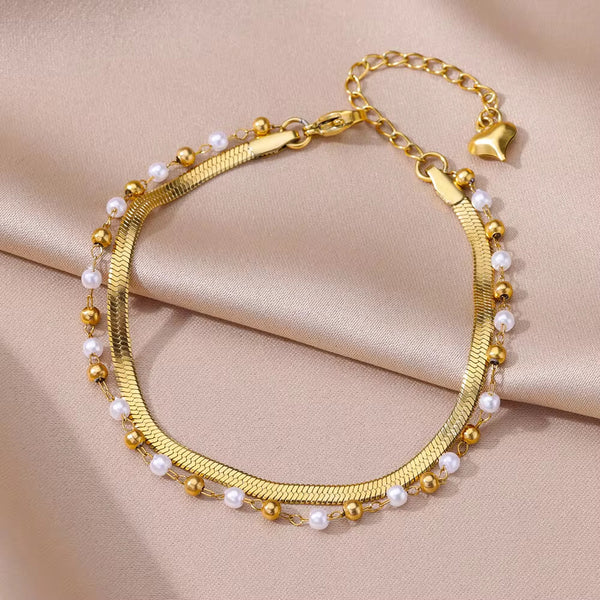 Layered Herringbone &amp; Pearl Anklet – Riviera Radiance